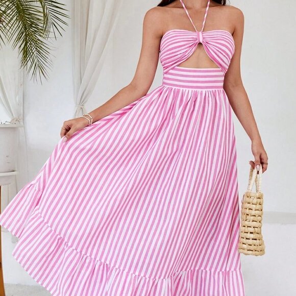 . Dresses & Skirts - Pink Boho Womens Striped Print Cut Out Ruffle Hem Halter Neck Dress